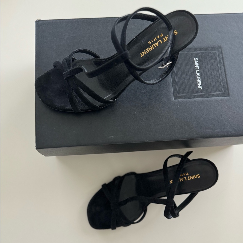 Ysl black t-strap sandals in velvet with original box, and certificate.